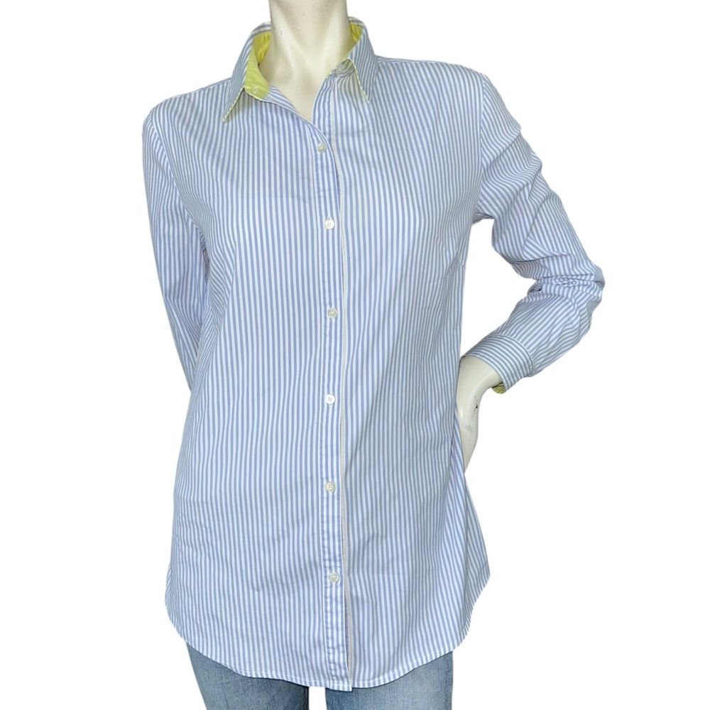 J. McLaughlin White & Blue Vertical Striped Workwear Button Down Top Size Small